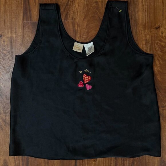 Vintage Black satin tank top Sophia by Delicates with embroidered hearts be mine - Picture 3 of 8